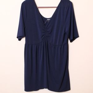 Navy Ribbed Knit Cinch Front Babydoll Top